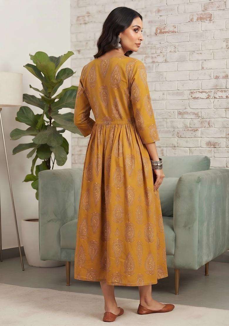 Mustard Printed Cotton Dress - Indya