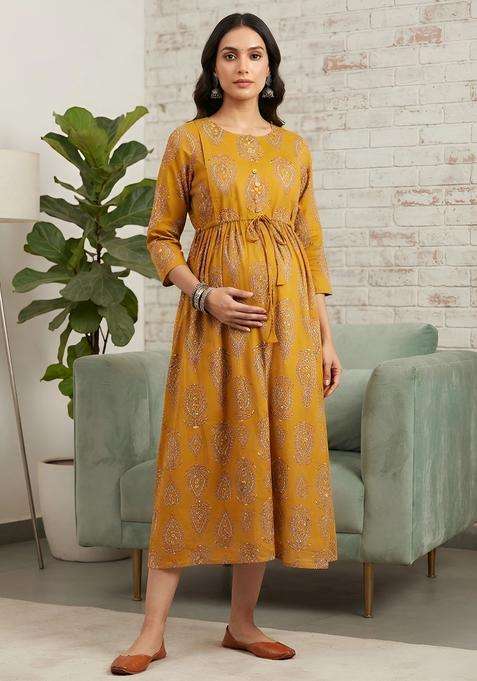 Mustard Printed Cotton Dress