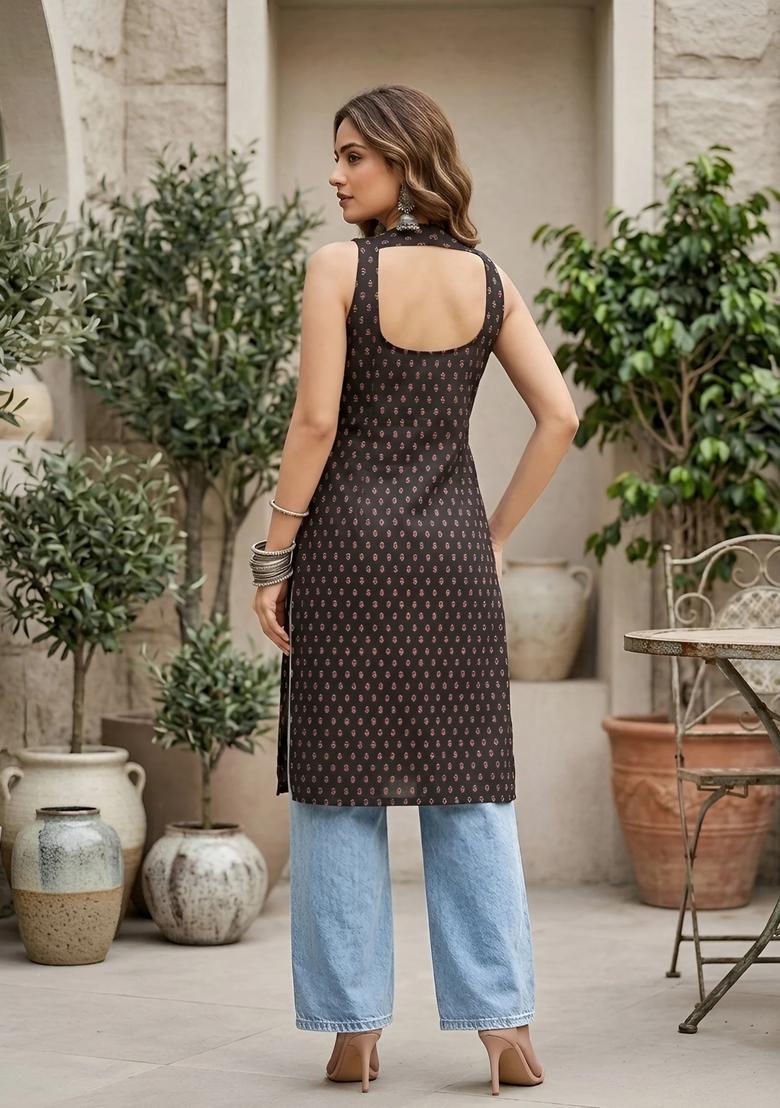 Black Printed Cotton Kurta - Indya
