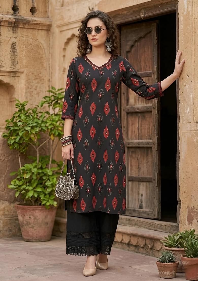 Black Printed Cotton Kurta - Indya
