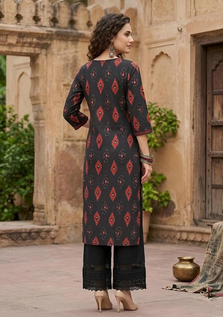 Black Printed Cotton Kurta - Indya