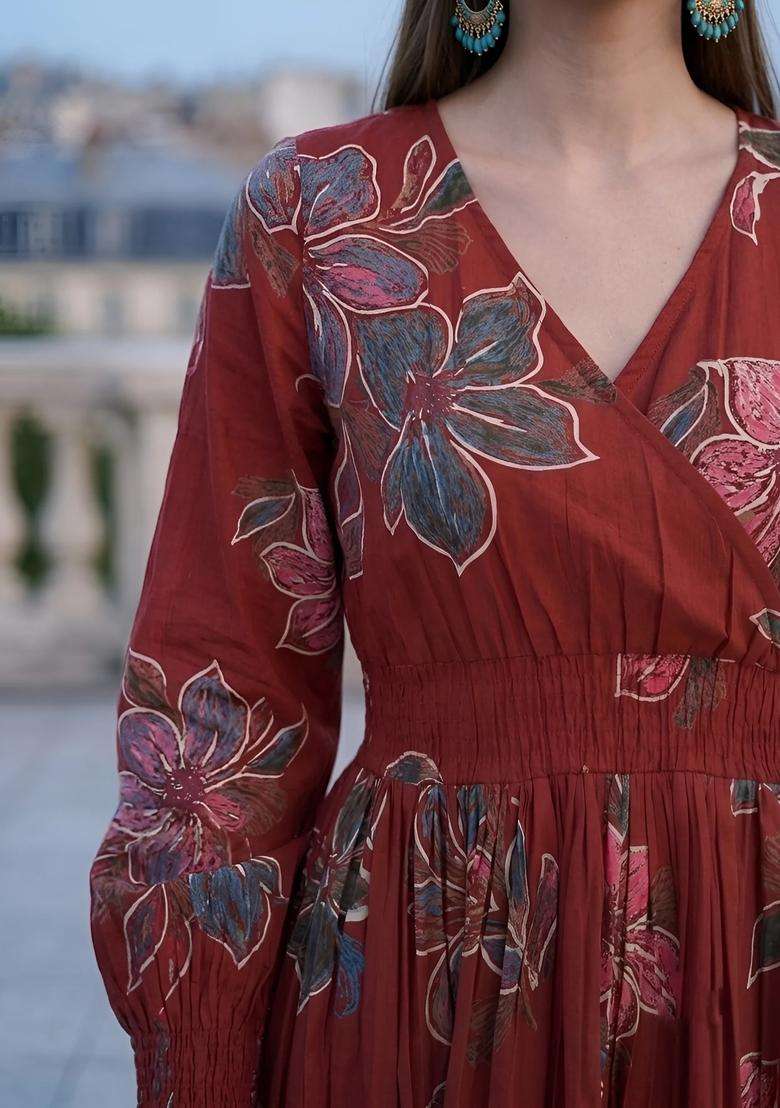 Maroon Printed Cotton Dress - Indya