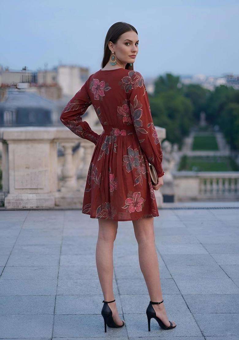 Maroon Printed Cotton Dress - Indya