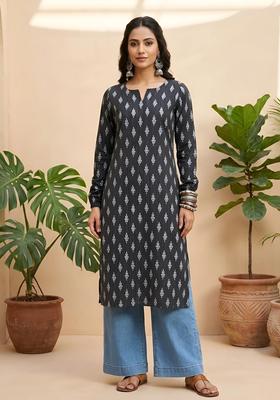 Black Printed Cotton Kurta