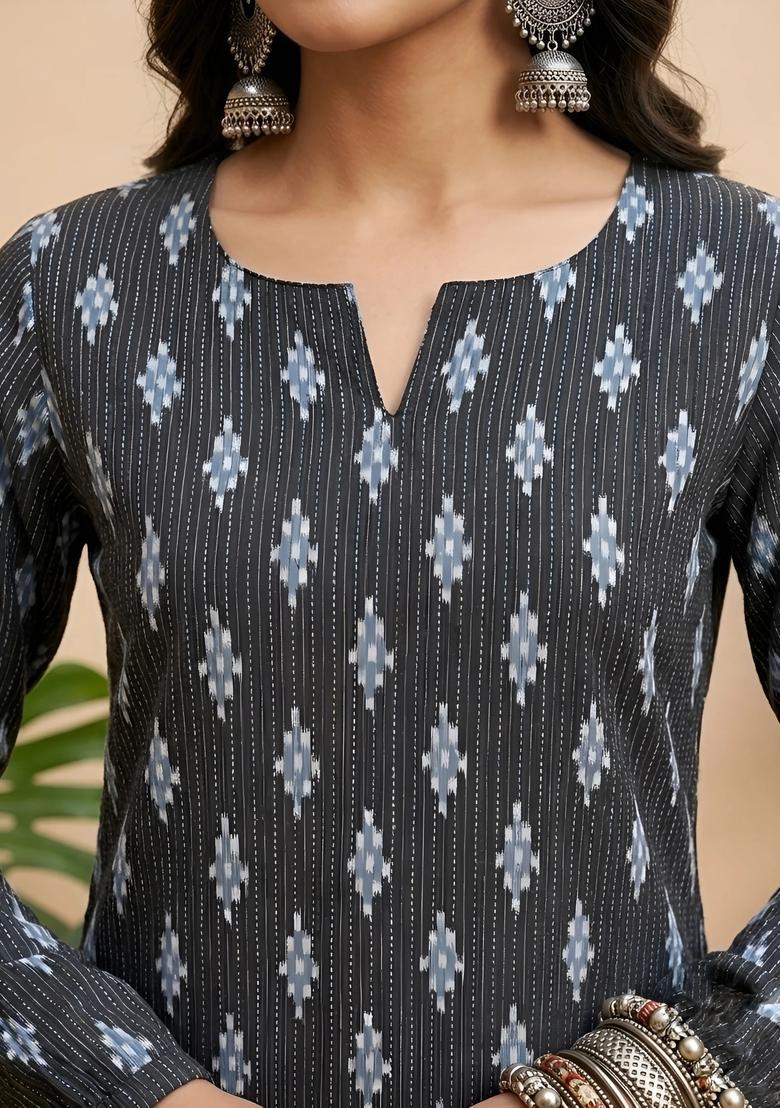 Black Printed Cotton Kurta - Indya