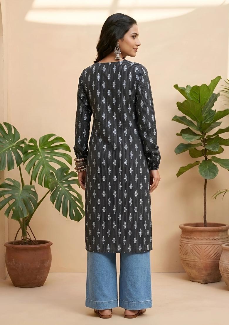 Black Printed Cotton Kurta - Indya