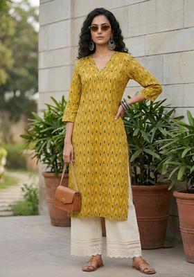 Yellow Printed Cotton Kurta