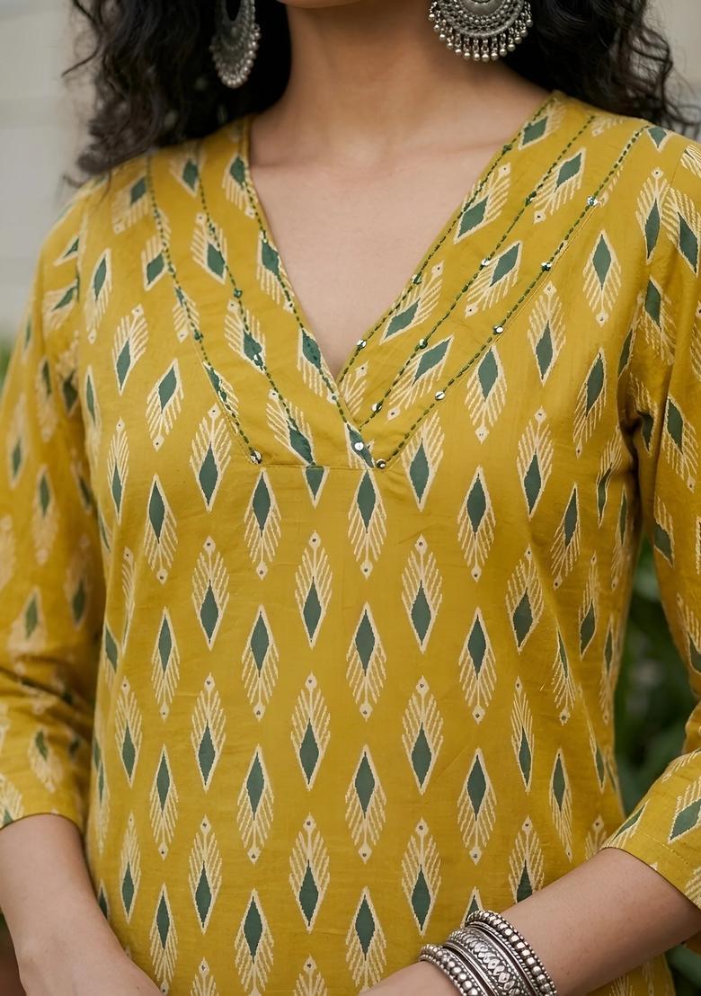 Yellow Printed Cotton Kurta - Indya