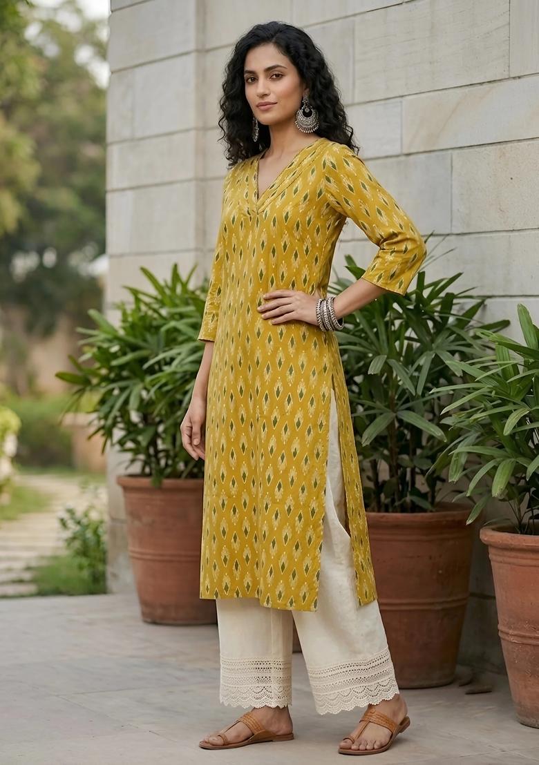 Yellow Printed Cotton Kurta - Indya