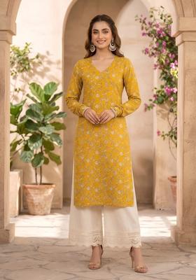 Yellow Printed Cotton Kurta