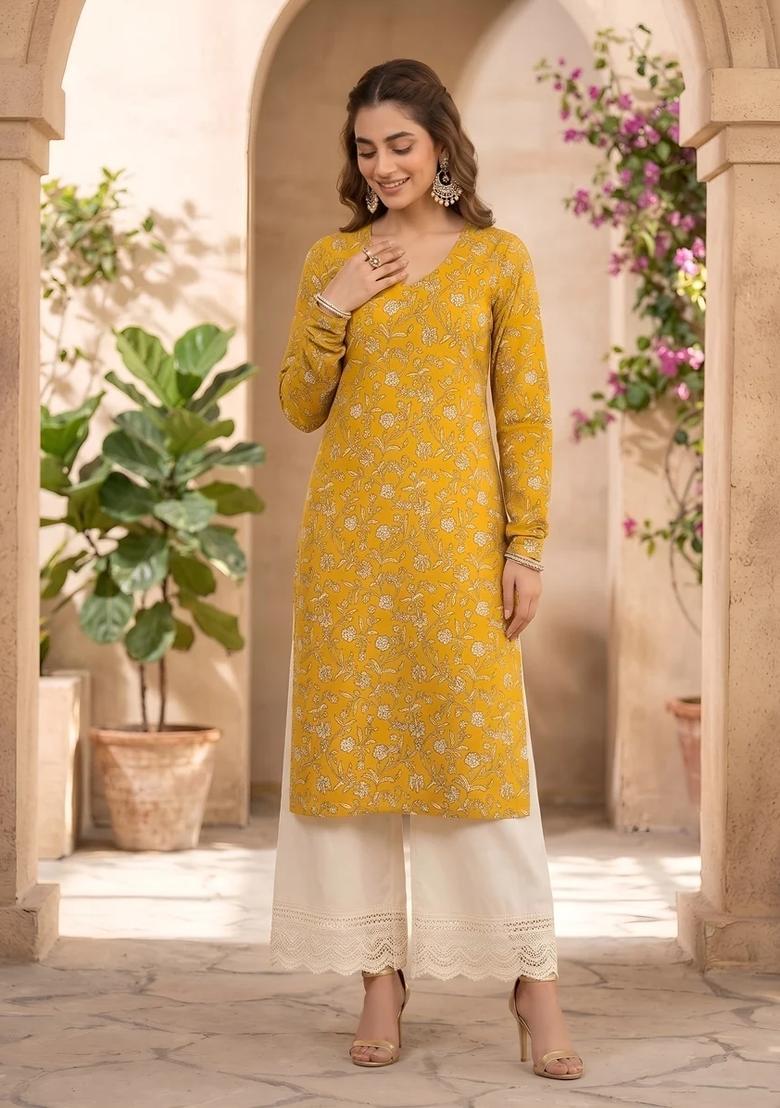 Yellow Printed Cotton Kurta - Indya