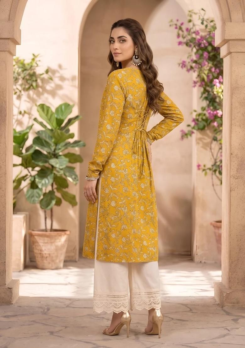 Yellow Printed Cotton Kurta - Indya