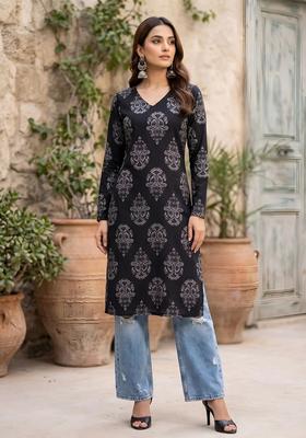 Black Printed Cotton Kurta