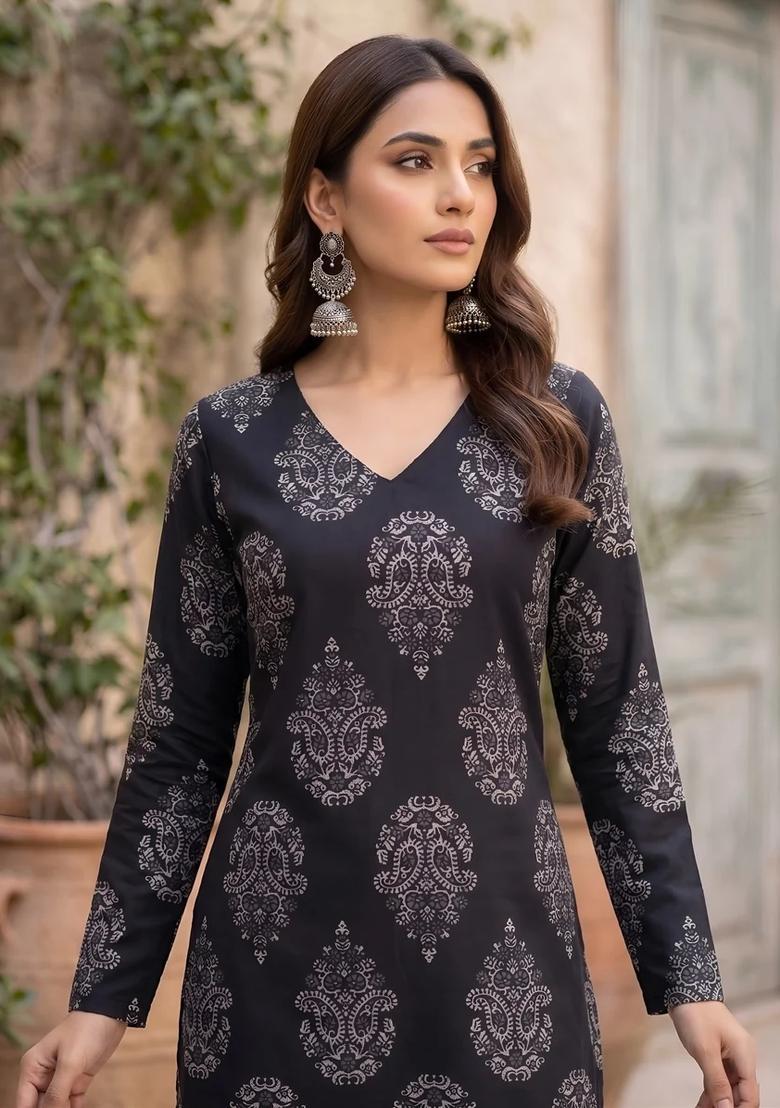 Black Printed Cotton Kurta - Indya