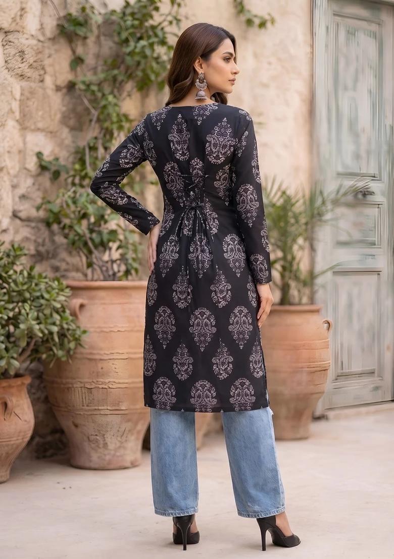 Black Printed Cotton Kurta - Indya