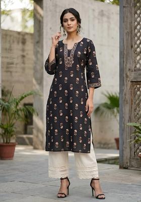 Black Printed Cotton Kurta