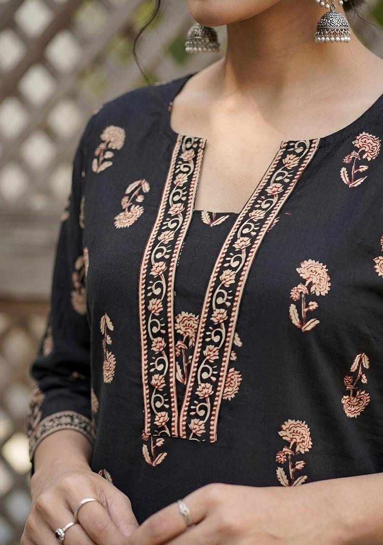 Black Printed Cotton Kurta - Indya