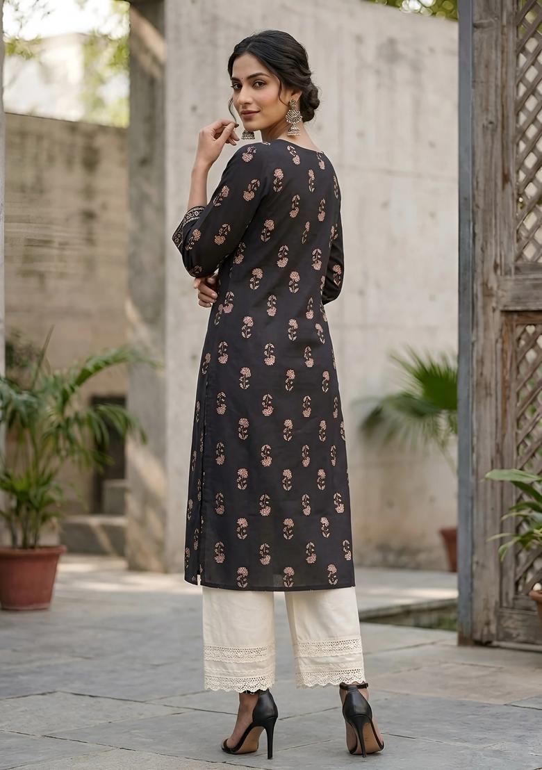 Black Printed Cotton Kurta - Indya