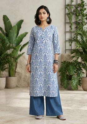 Off White Printed Cotton Kurta