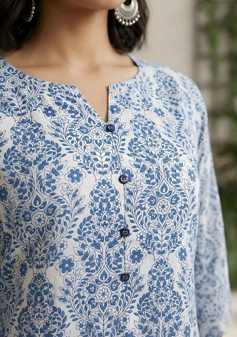 Off White Printed Cotton Kurta - Indya