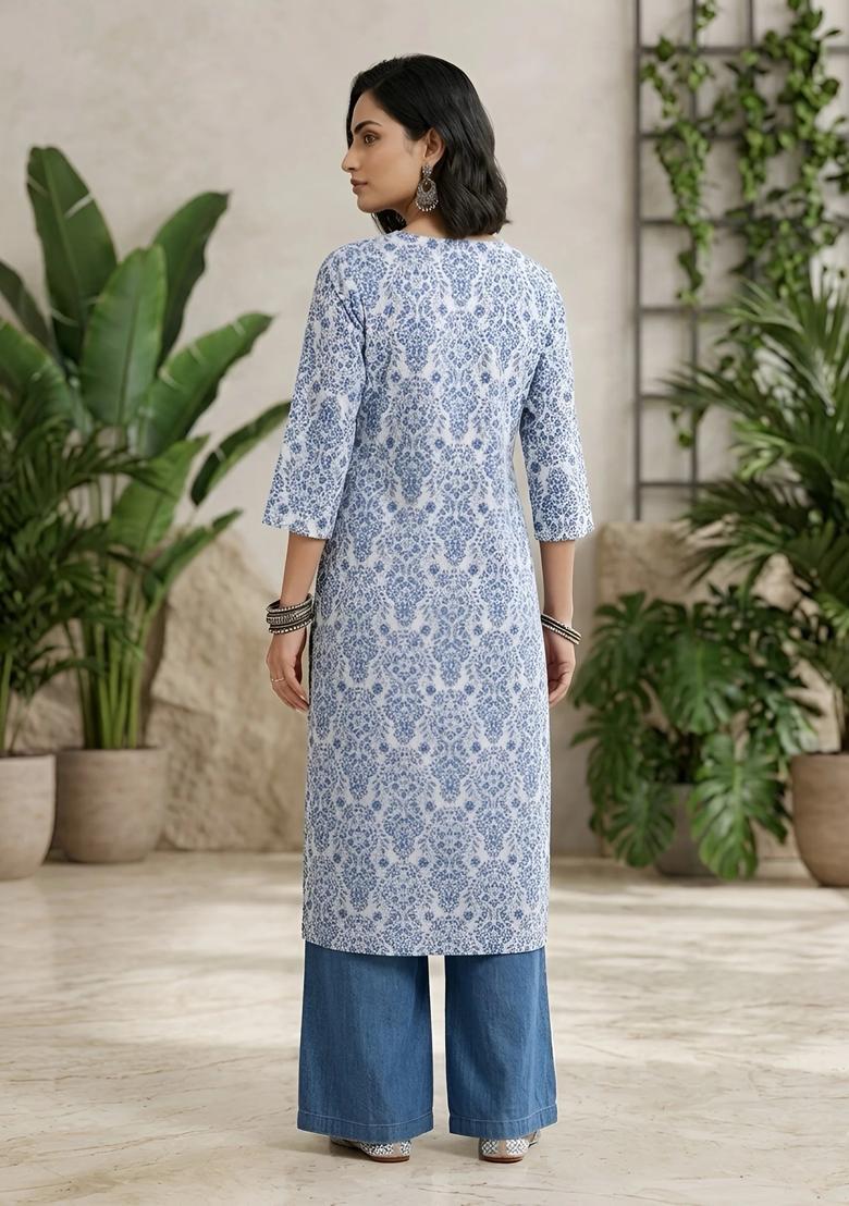 Off White Printed Cotton Kurta - Indya