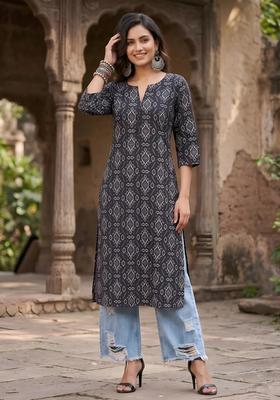 Black Printed Cotton Kurta
