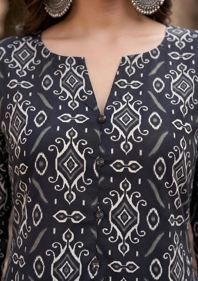 Black Printed Cotton Kurta - Indya