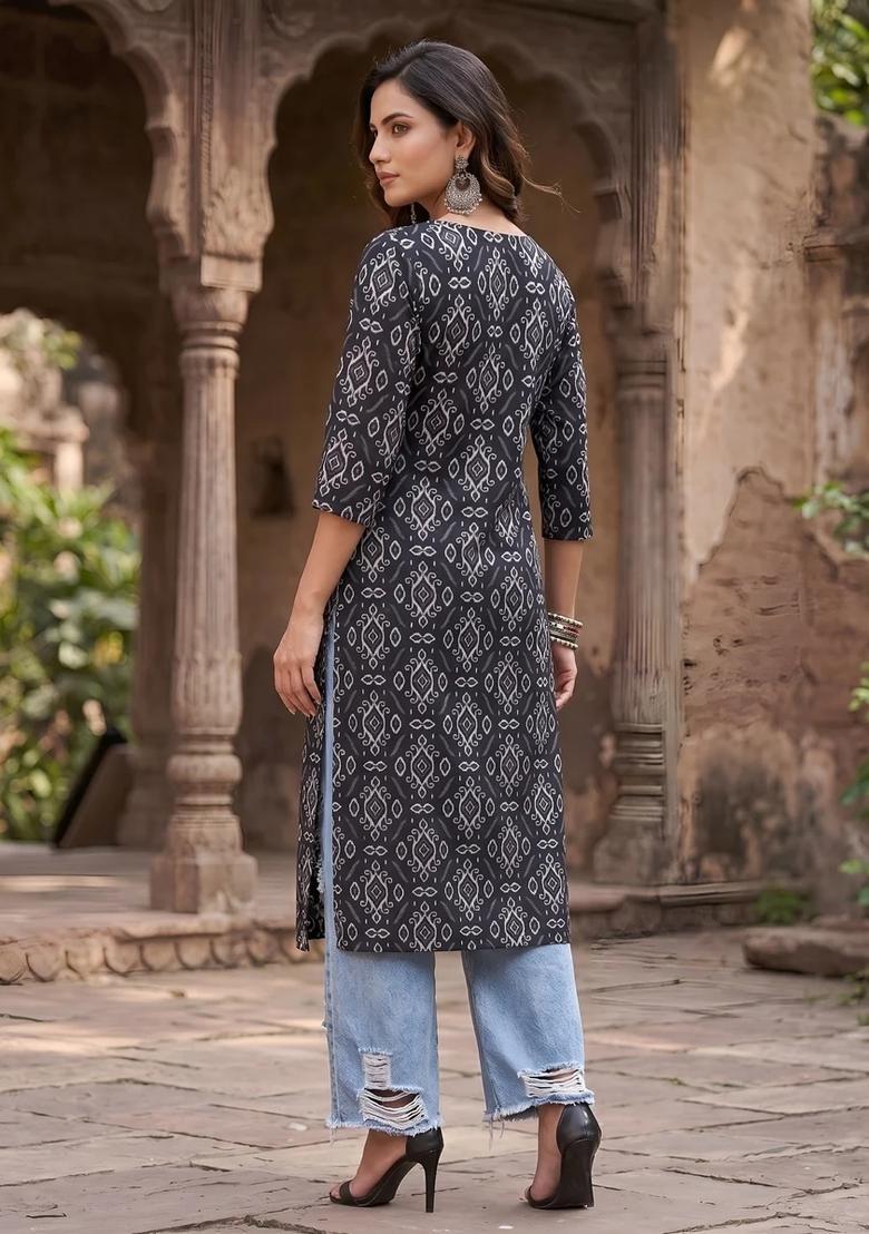 Black Printed Cotton Kurta - Indya