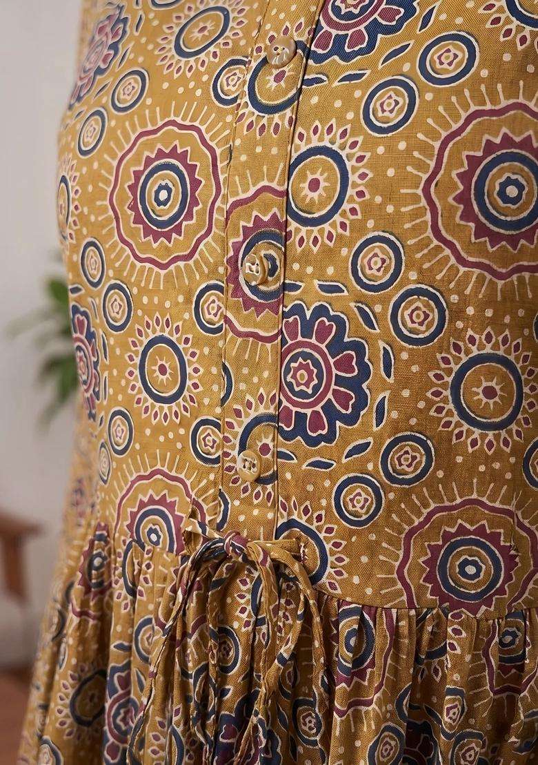Mustard Printed Cotton Dress - Indya