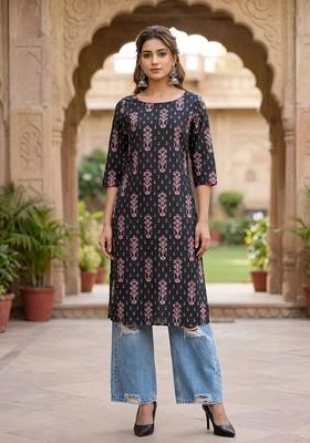 Black Printed Cotton Kurta