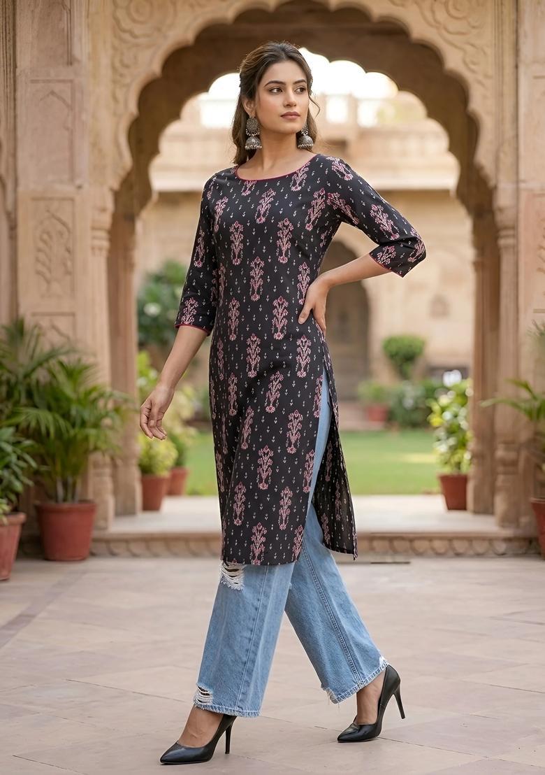 Black Printed Cotton Kurta - Indya