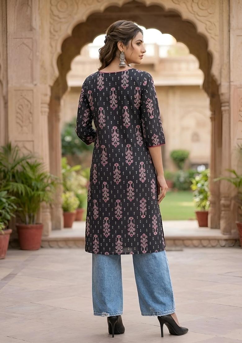 Black Printed Cotton Kurta - Indya