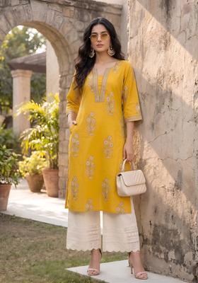 Yellow Printed Cotton Kurta