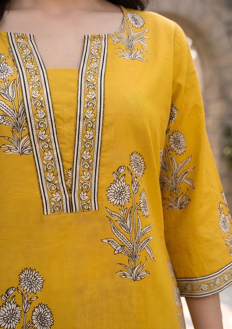 Yellow Printed Cotton Kurta - Indya