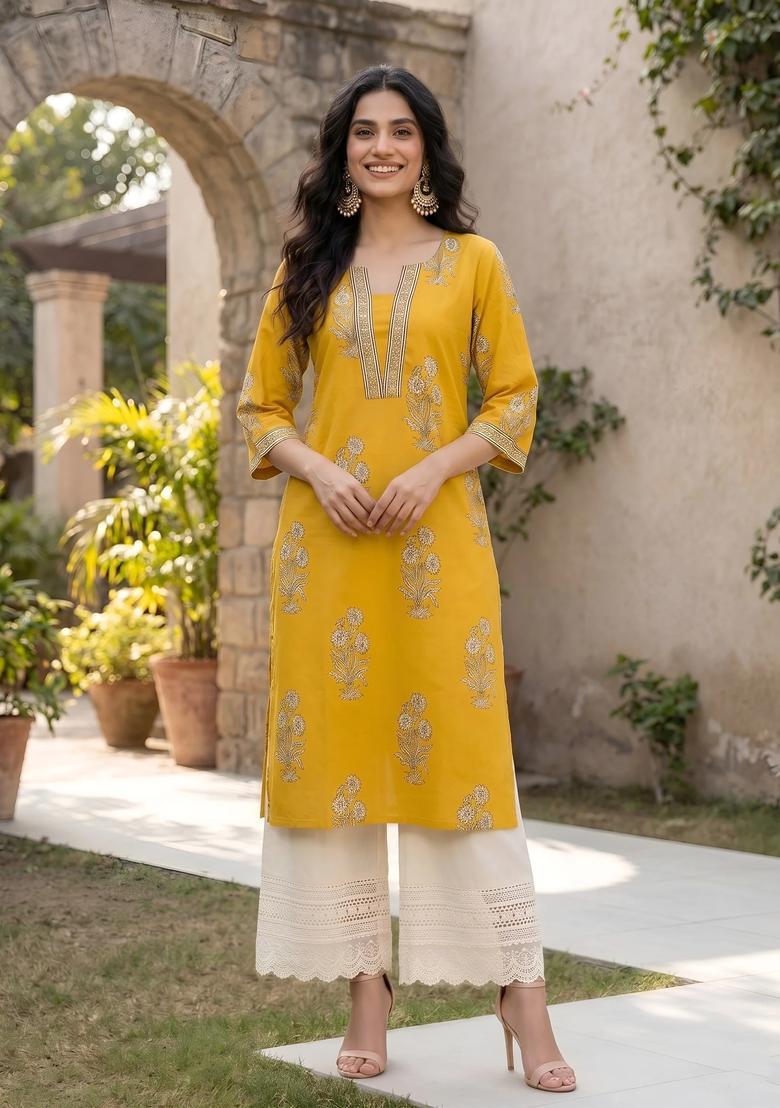Yellow Printed Cotton Kurta - Indya