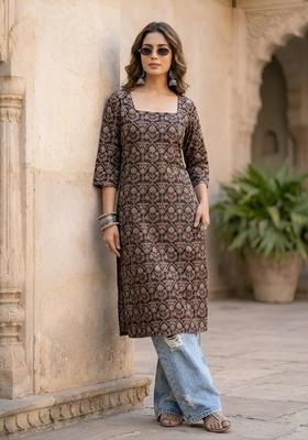 Black Printed Cotton Kurta