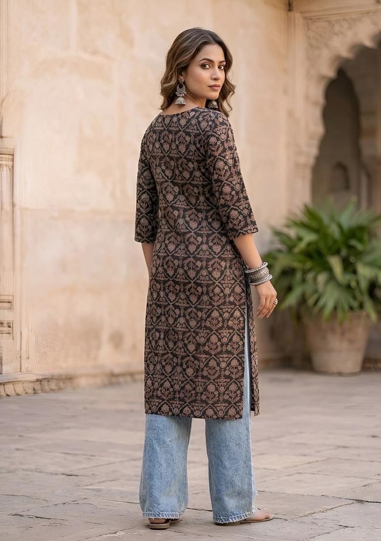 Black Printed Cotton Kurta - Indya