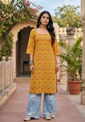Yellow Printed Cotton Kurta