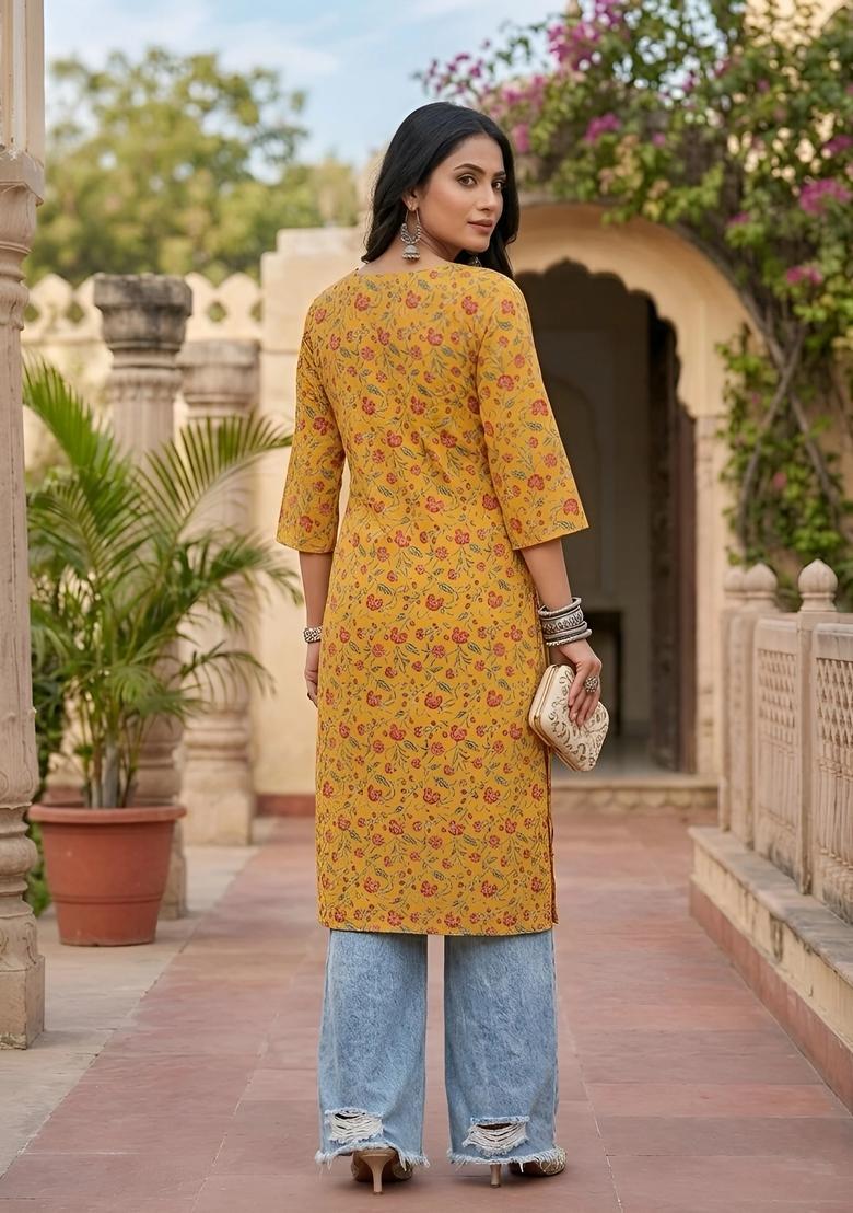 Yellow Printed Cotton Kurta - Indya