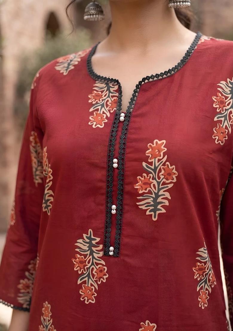 Red Printed Cotton Kurta - Indya