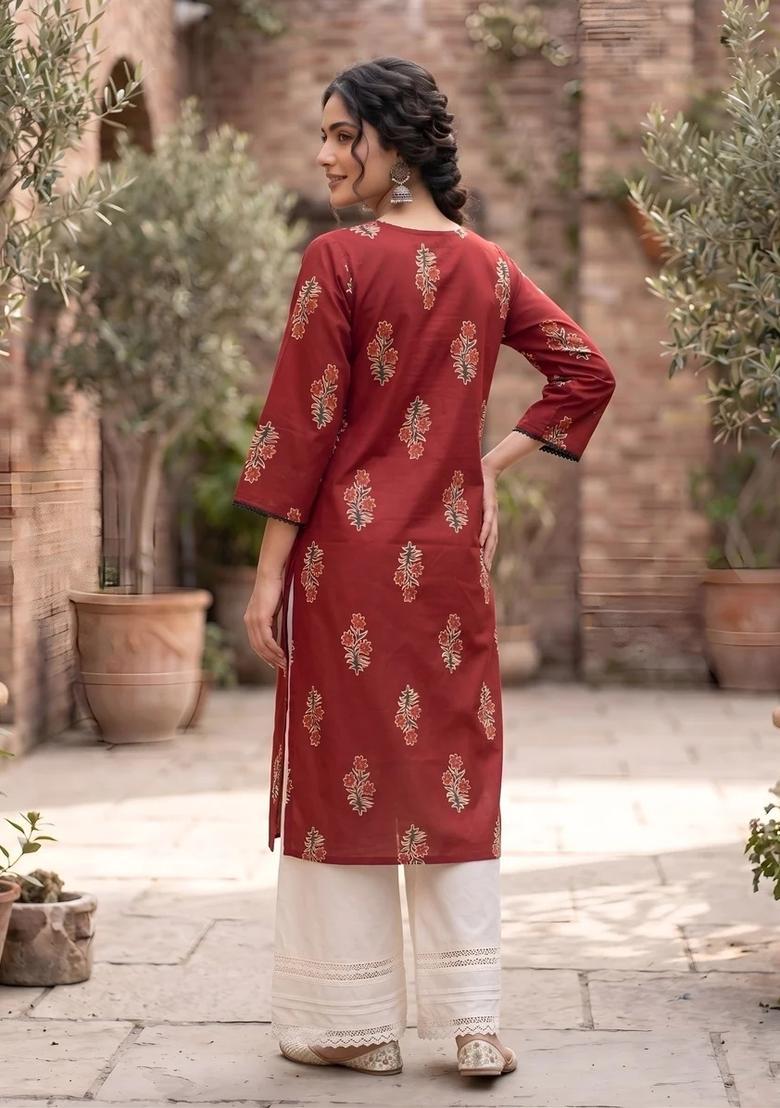 Red Printed Cotton Kurta - Indya