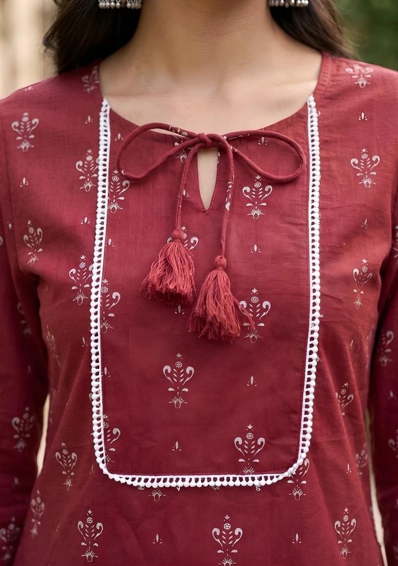 Red Printed Cotton Kurta - Indya