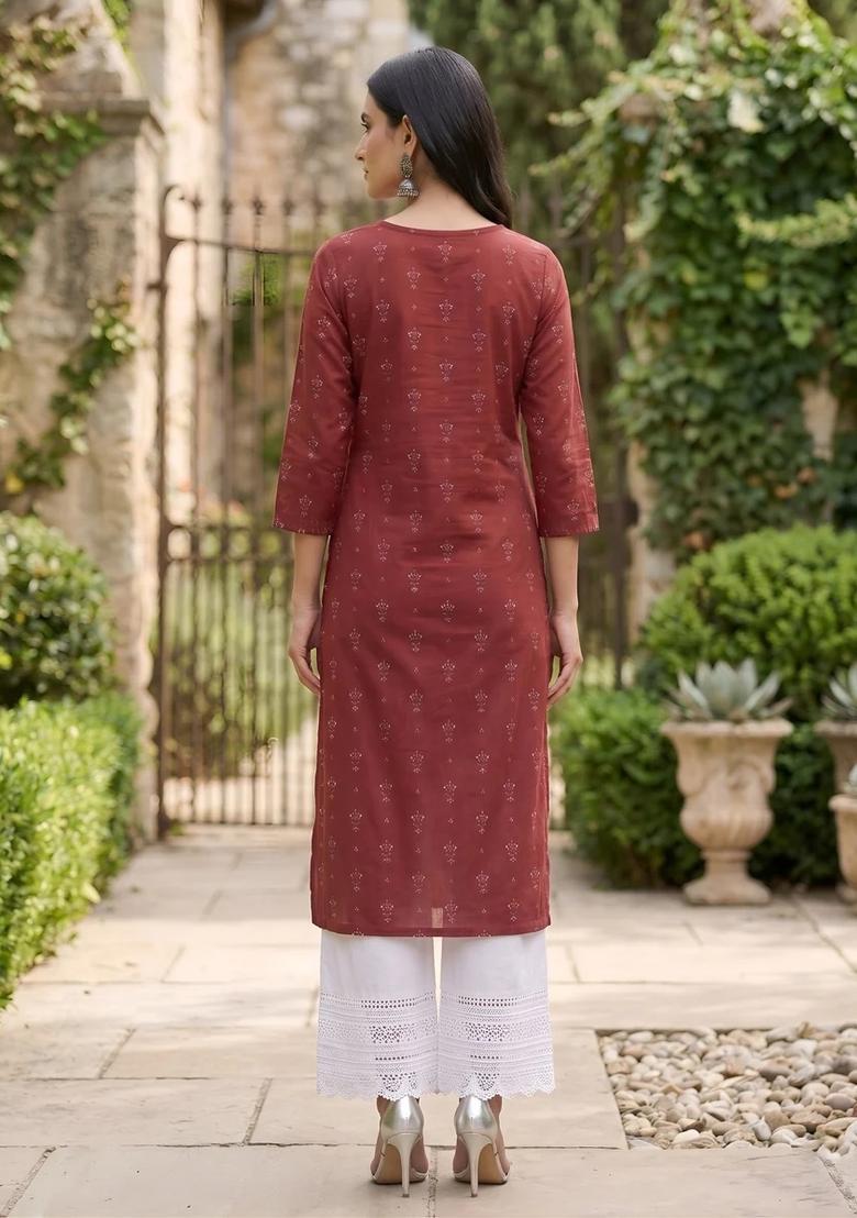 Red Printed Cotton Kurta - Indya