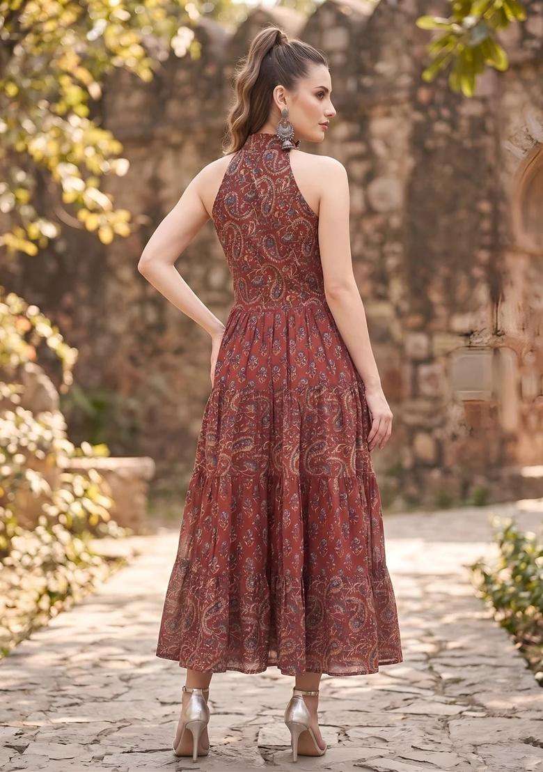 Maroon Printed Cotton Dress - Indya