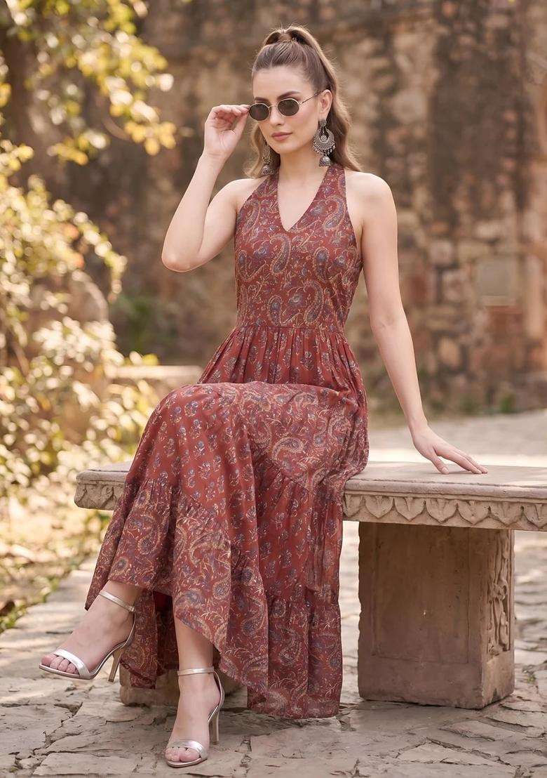 Maroon Printed Cotton Dress - Indya