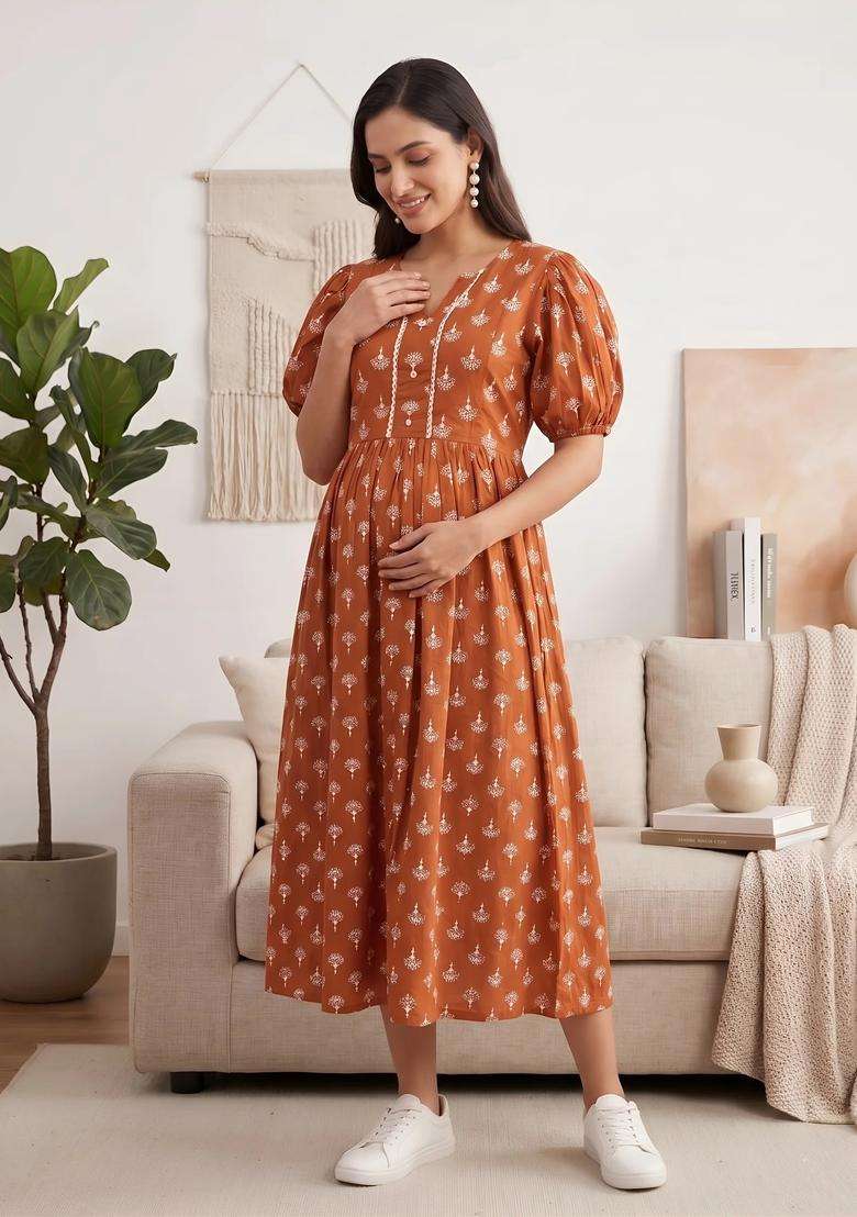 Rust Printed Cotton Dress - Indya