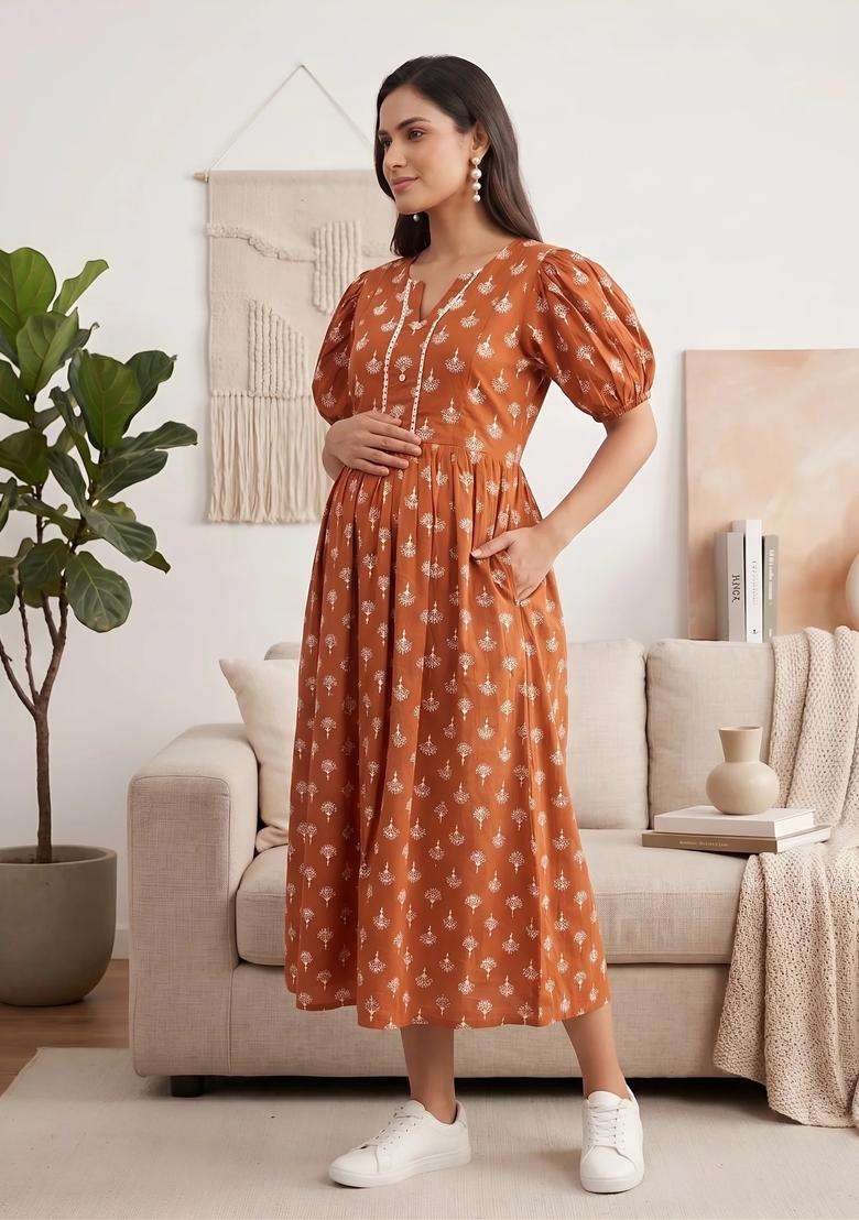 Rust Printed Cotton Dress - Indya