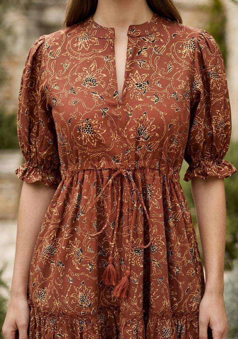 Maroon Floral Print Cotton Dress - Indya