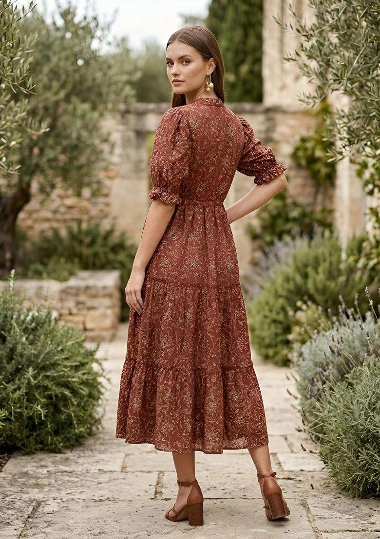 Maroon Floral Print Cotton Dress - Indya