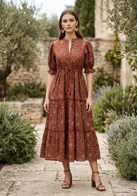 Maroon Floral Print Cotton Dress
